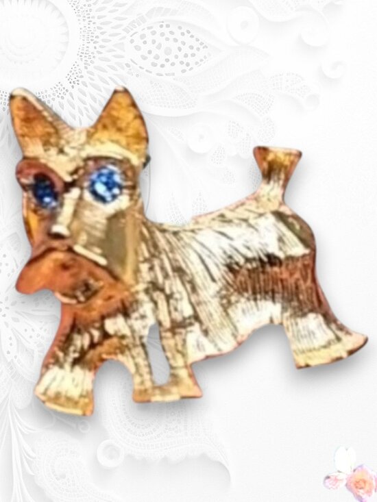 JJ Jonette Jewelry - Signed JJ Scottish Terrier Dog Pin Blue Eyes Gold Tone Vintage